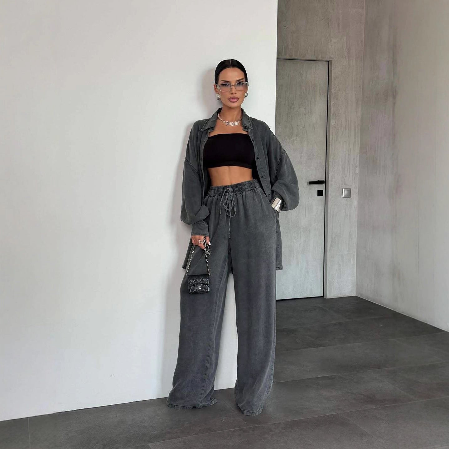 Women's Denim Long Sleeve Button Wide Leg Suit