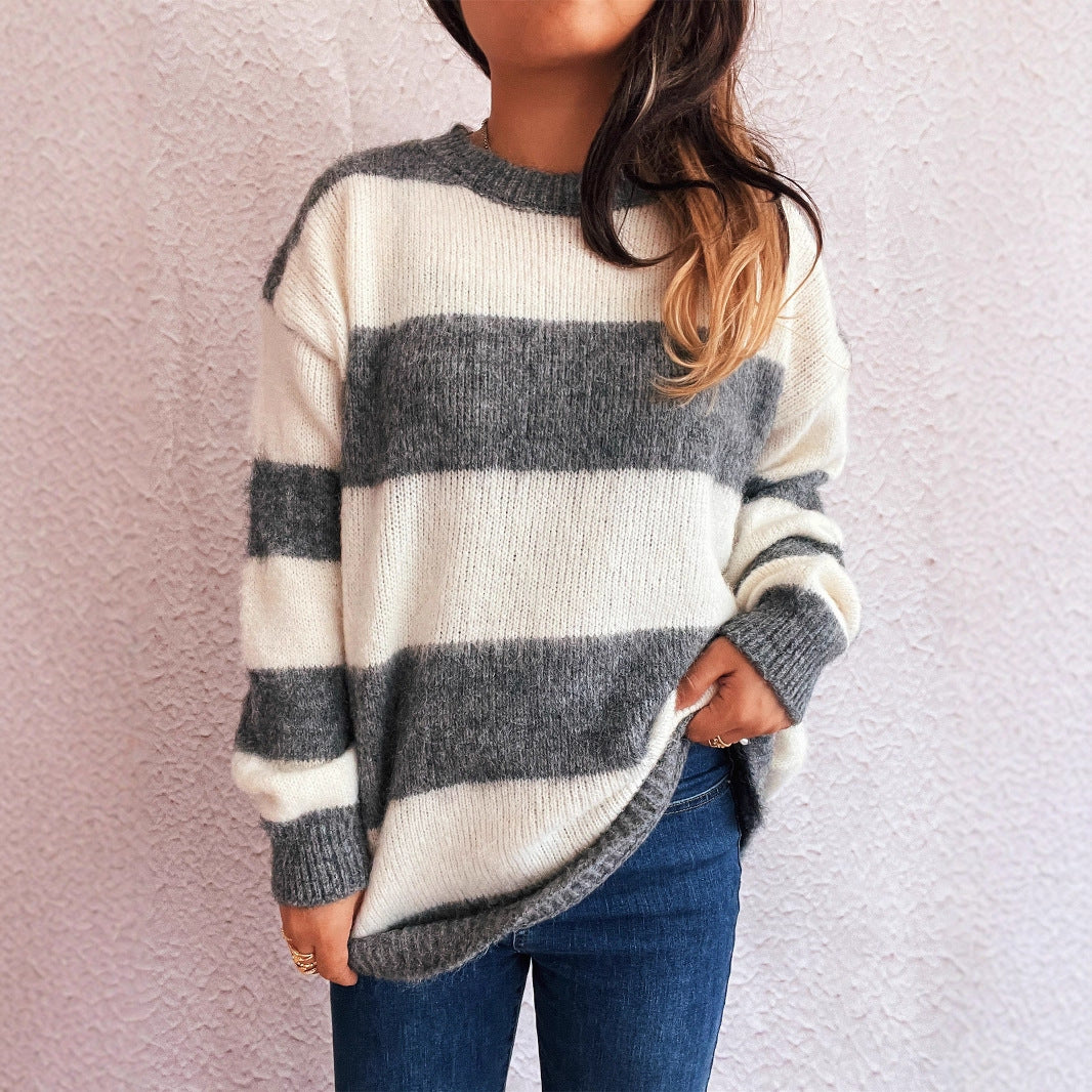 Striped Color Block Knitted Round Neck Chic Casual Loose Sweater