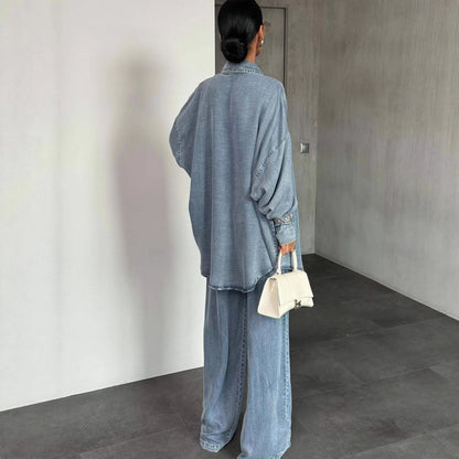 Women's Denim Long Sleeve Button Wide Leg Suit