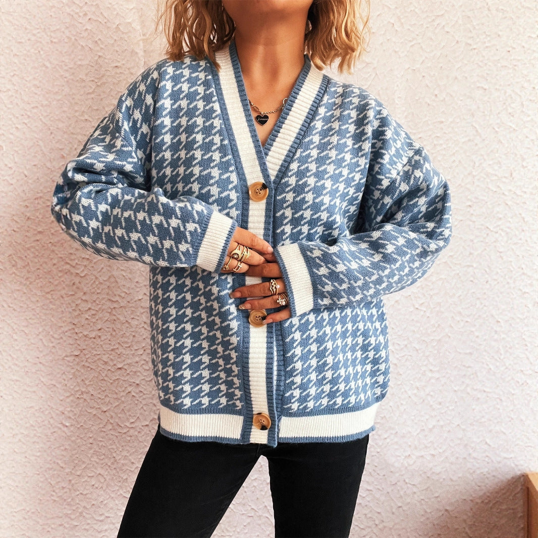 Stitching Plaid Knitted Women's Sweater