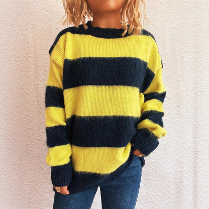 Striped Color Block Knitted Round Neck Chic Casual Loose Sweater