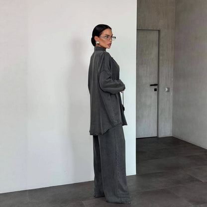 Women's Denim Long Sleeve Button Wide Leg Suit