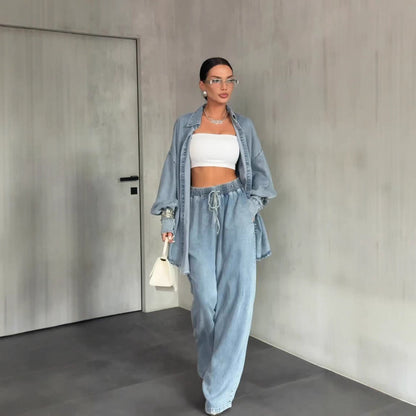 Women's Denim Long Sleeve Button Wide Leg Suit