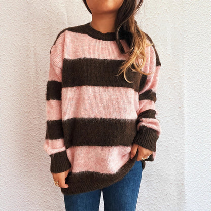 Striped Color Block Knitted Round Neck Chic Casual Loose Sweater