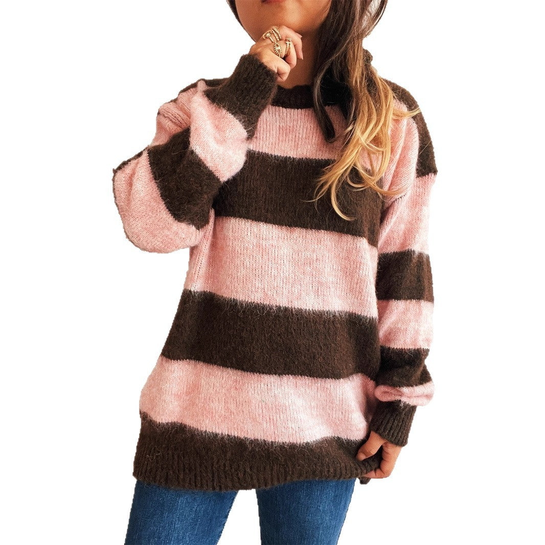 Striped Color Block Knitted Round Neck Chic Casual Loose Sweater