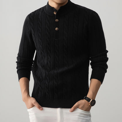 Half-height Henry Collar Button Twisted Sweater Thick Fashion Men's Knitwear