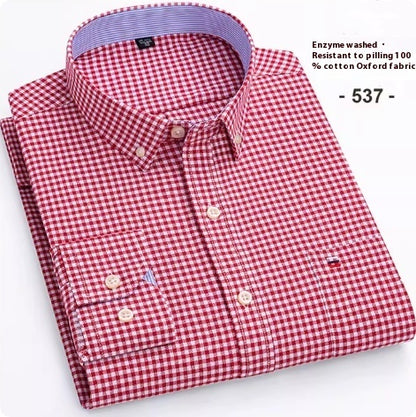 Men's Pure Cotton Oxford Plaid Long-sleeved Shirt