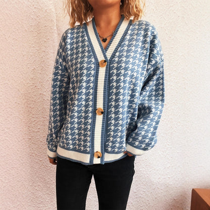 Stitching Plaid Knitted Women's Sweater
